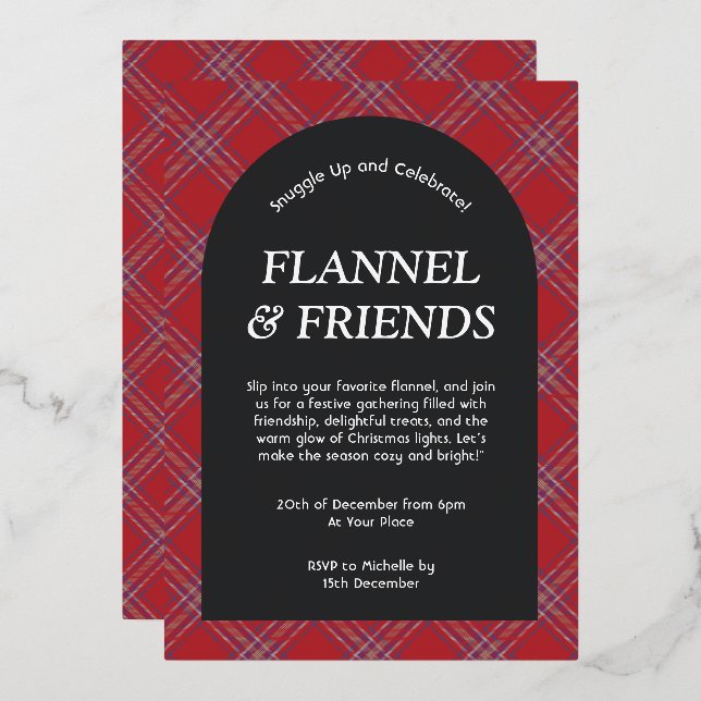 Red Black Moderne Flannel und Freunde Weihnachten Folieneinladung (Vorderseite/Rückseite)