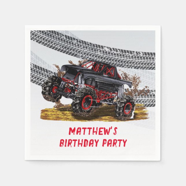 Red Black Monster Truck Birthday Party Einladung Serviette (Vorderseite)