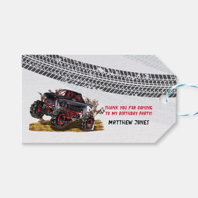 Red Black Monster Truck Birthday Party Geschenkanhänger (Vorderseite (Horizontal))