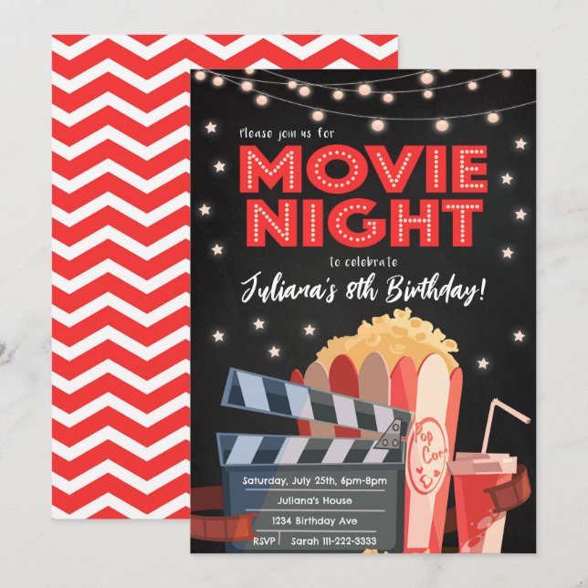 Red Black Movie Night Birthday Einladung (Vorne/Hinten)