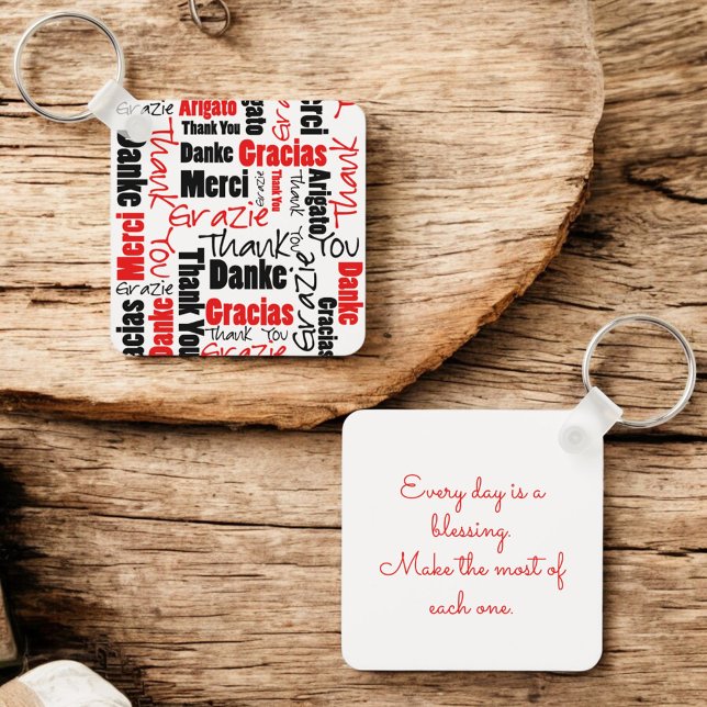 Red Black Multilingual "Danke" Typografie Schlüsselanhänger (front and back key ring with template text on back)