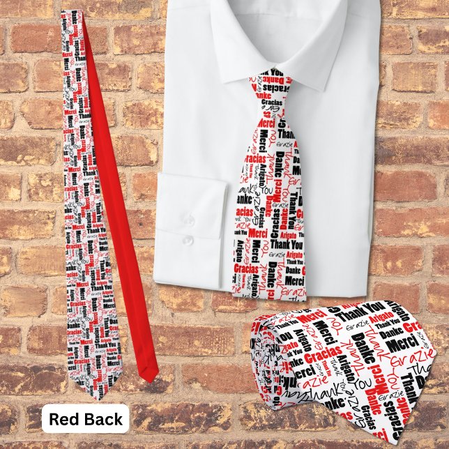 Red Black Multilingual Grateful Typografy Collage Krawatte (Red and black multilingual thank you word cloud with red back. )