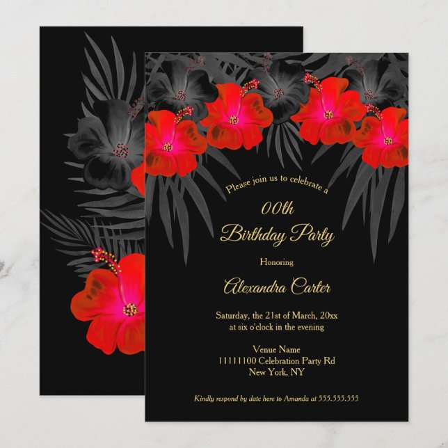 Red Black Palms Hibiskus Floral Tropical Birthday Einladung (Vorne/Hinten)