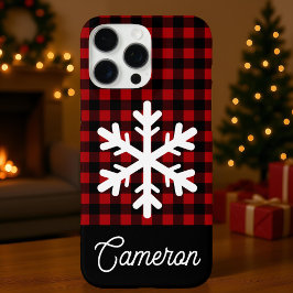 Red & Black Plaid with Snowflake Custom Name iPhone 16 Pro Max Hülle
