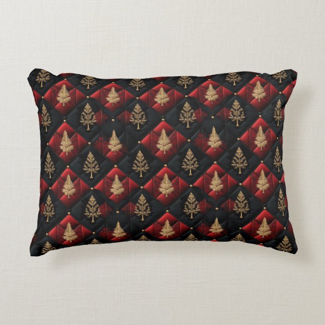 Red Black Quilt Squares Gold Weihnachtsbaumen Dekokissen (Vorderseite)
