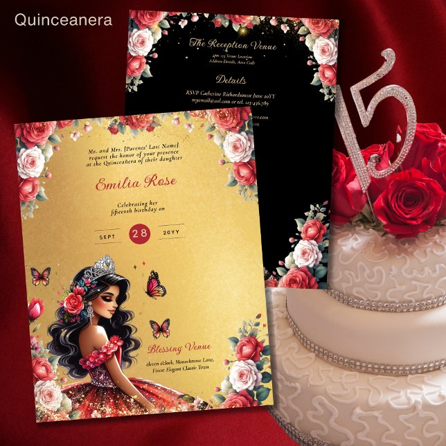Red Black Quinceanera Kleid Floral Butterfliegen (Von Creator hochgeladen)