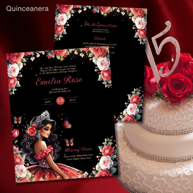 Red Black Quinceanera Kleid Floral Butterfliegen (Von Creator hochgeladen)