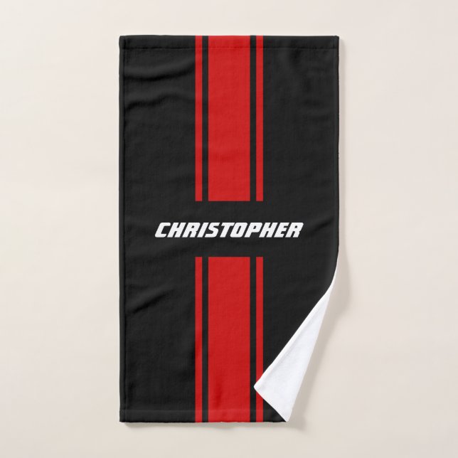 Red Black Racing Stripes White Monogram Mens Boys Badhandtuch Set (Handtuch)