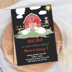 Red Black Red Farm Animaux Invitations Anniversair