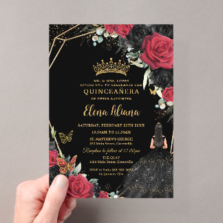 Red Black Rose Blumenkleid Gold Quinceañera XV Acryleinladungen