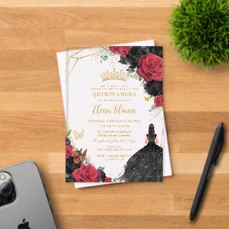 Red Black Rose Blumenkleid Gold Quinceañera XV Acryleinladungen