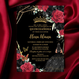 Red Black Rose Blumenkleid Gold Quinceañera XV Einladung