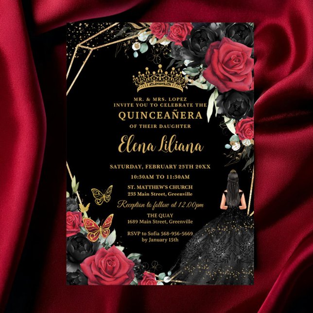 Red Black Rose Blumenkleid Gold Quinceañera XV Einladung (Von Creator hochgeladen)