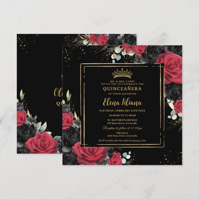 Red Black Rose Floral Gold Quinceanera Sweet 16 Einladung (Vorne/Hinten)