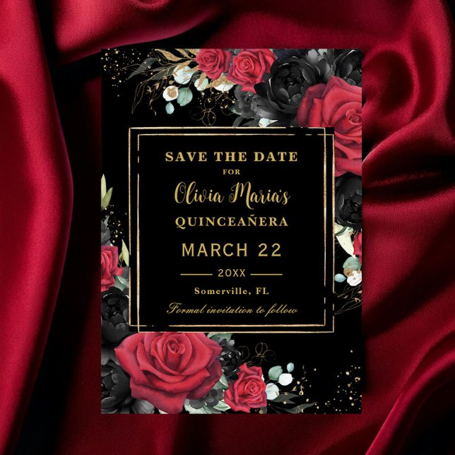 Red Black Rose Floral Gold Quinceanera Sweet 16 Save The Date (Von Creator hochgeladen)