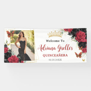 Red Black Rose Floral Quinceañera Sweet 16 Foto Banner