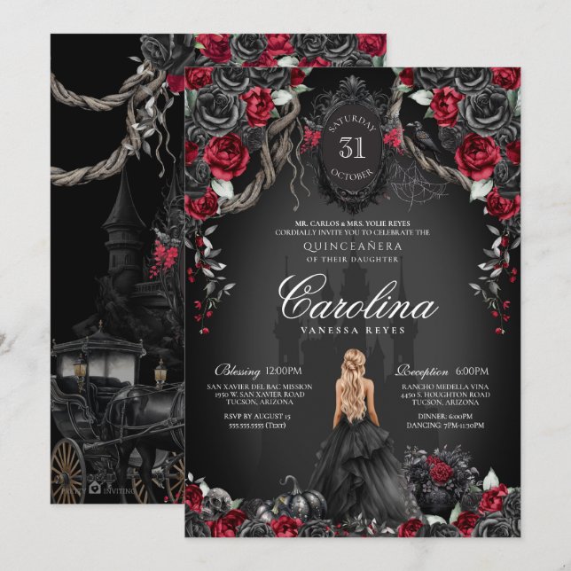 Red Black Rose Gothic Haunted Spooky Quinceanera Einladung (Vorne/Hinten)