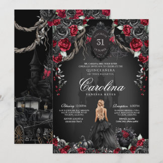Red Black Rose Gothic Spuk Spooky Quinceanera Einladung