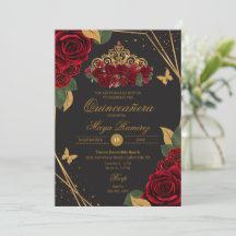 Red Black Rose Tiara Gold Glitzer Quinceañera