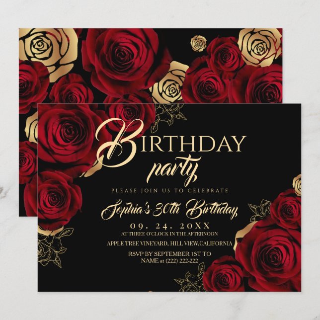 Red Black Roses Birthday Party Invitation (Devant / Derrière)