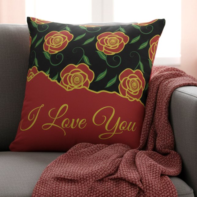 Red Black Roses Love You Kissen (Romantic message pillow in black and red, covered by roses. Perfect for Valentines gift.)