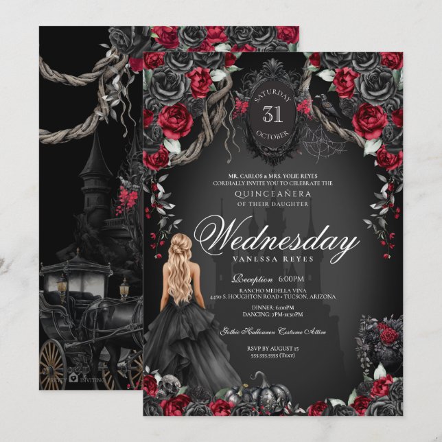 Red Black Roses Quinceanera Gothic Halloween  Einladung (Vorne/Hinten)