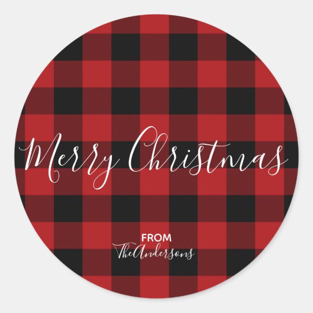 Red & Black Rustic Buffalo Gingham Kariert Holiday Runder Aufkleber (Vorderseite)