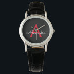 Red Black Script Giron Monogram Name Armbanduhr<br><div class="desc">Schwarz und Rot Einfache Script Monogram Name Watch. Dies macht den perfekten Abschluss,  Geburtstag,  Hochzeit,  Brautparty,  Jubiläum,  Babydusche oder Junggeselinnen-Abschied Geschenk für jemanden,  die Lieben glamourösen Luxus und schicke Stile.</div>