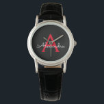 Red Black Script Giron Monogram Name Armbanduhr<br><div class="desc">Schwarz und Rot Einfache Script Monogram Name Watch. Dies macht den perfekten Abschluss,  Geburtstag,  Hochzeit,  Brautparty,  Jubiläum,  Babydusche oder Junggeselinnen-Abschied Geschenk für jemanden,  die Lieben glamourösen Luxus und schicke Stile.</div>