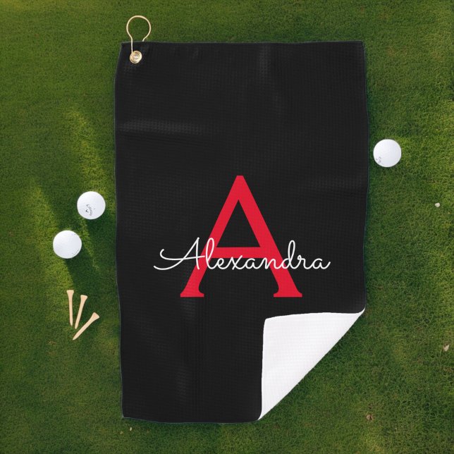 Red Black Script Giron Monogram Name Golfhandtuch (Von Creator hochgeladen)