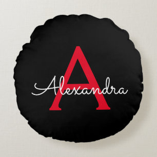 Red Black Script Giron Monogram Name Rundes Kissen