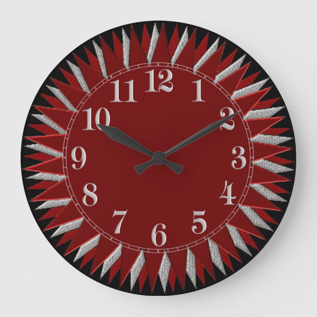 Red Black Silver Sun Wall Clock Große Wanduhr (Vorderseite)