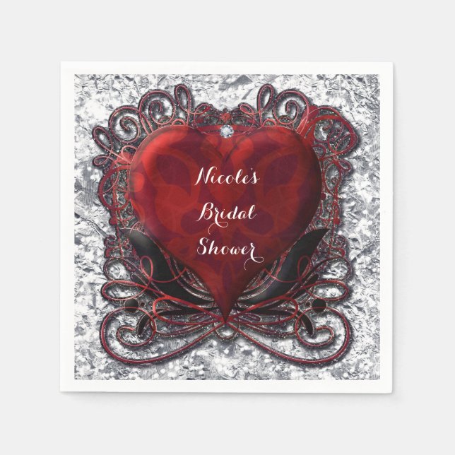 Red Black Silver Valentine Herz Gotische Romantik Serviette (Vorderseite)