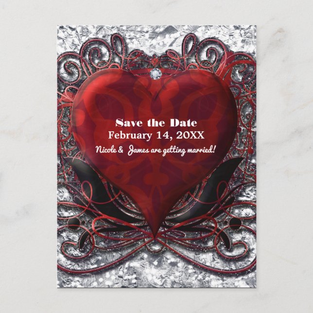 Red Black Silver Valentine Herz Save the Date Ankündigungspostkarte (Vorderseite)