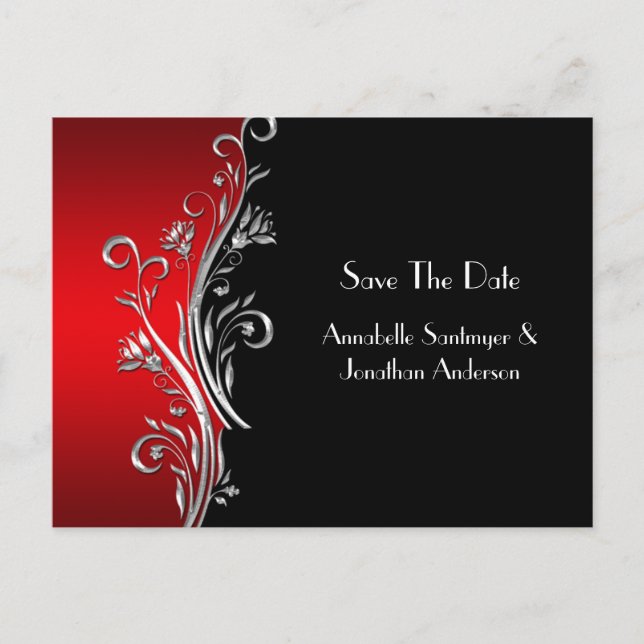 Red Black Silver Wirbel Save the Date Ankündigungspostkarte (Vorderseite)