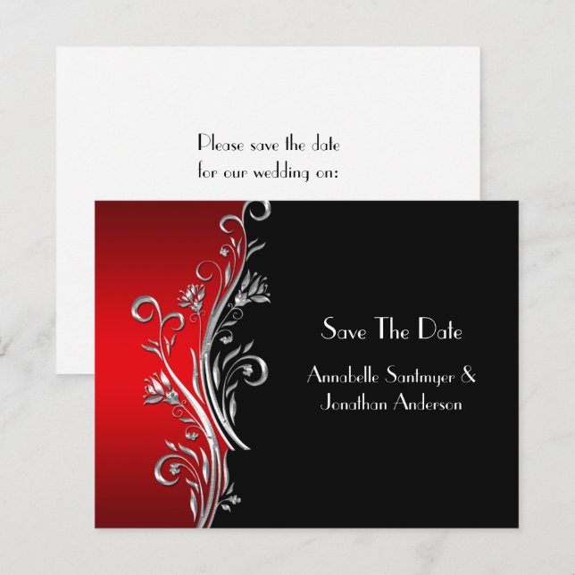 Red Black Silver Wirbel Wedding RSVP Einladung (Vorne/Hinten)