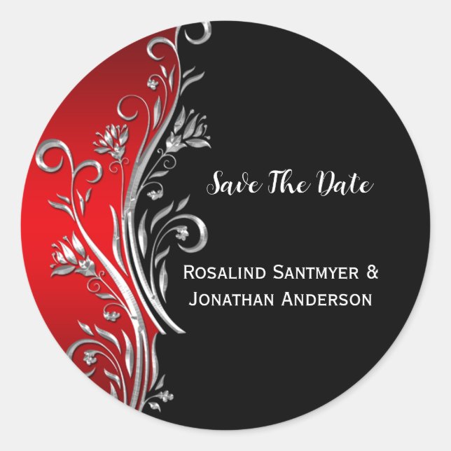 Red Black Silver Wirbel Wedding RSVP Runder Aufkleber (Vorderseite)