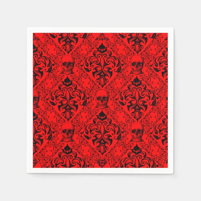 Red Black Skull Damask Halloween Dark Goth Muster Serviette (Vorderseite)