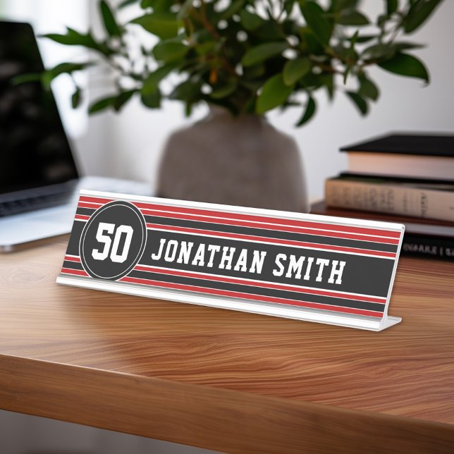Red Black Team Jersey Fan Gear Name Number Schreibtischnamensplakette (Personalized Sports Theme Desk Name Plate - Great Coach Appreciation Gift or Locker room Decor)