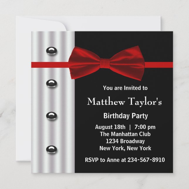 Red Black Tuxedo Bow Krawatte Mens Birthday Party Einladung (Vorderseite)
