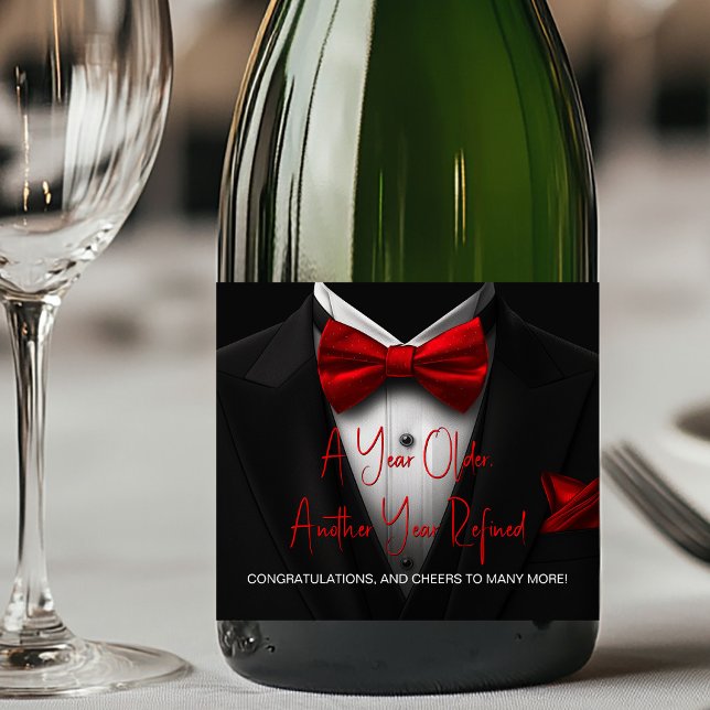 Red Black Tuxedo Champagne Label (Add your text, logo, image, etc., to personalize for your event.)