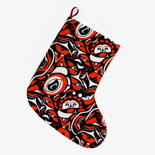 Red Black White Abstract Haida Face Native Art Großer Weihnachtsstrumpf (Vorderansicht (hängend))