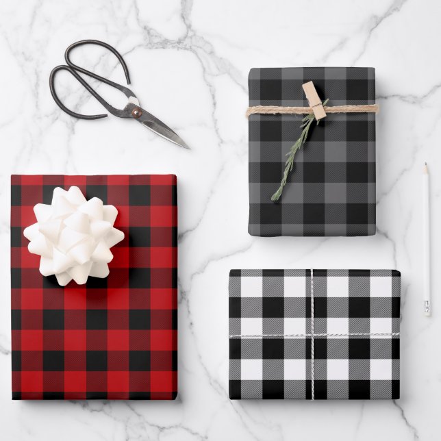 Red Black & White Buffalo Kariert Geschenkpapier Set (Vorderseite)
