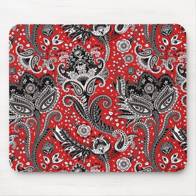 Red Black & White Floral Paisley Bohemisch Boho Mousepad (Vorne)