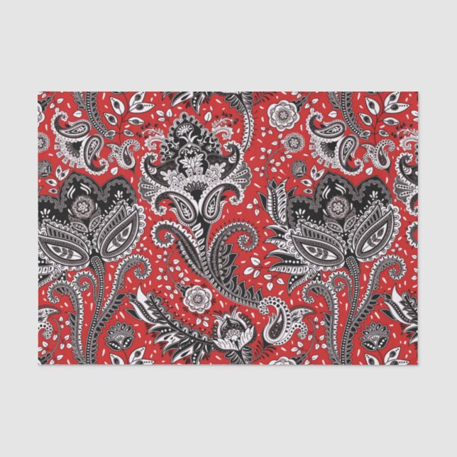 Red Black & White Floral Paisley Bohemisch Boho Seidenpapier (Vorderseite)