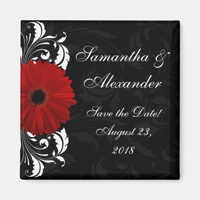Red+Black+White Gerbera Daisy Save the Date /Gefal Magnet (Vorne)