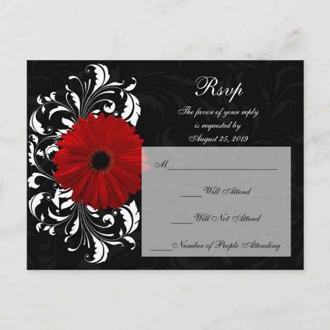 Red+Black+White Gerbera Daisy-UAWG-Antwort Einladungspostkarte (Vorderseite)