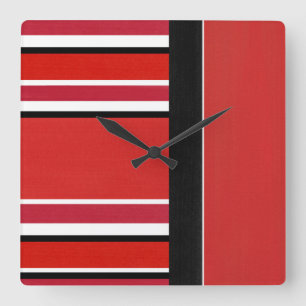 Red Black White Stripes Block Quadratische Wanduhr