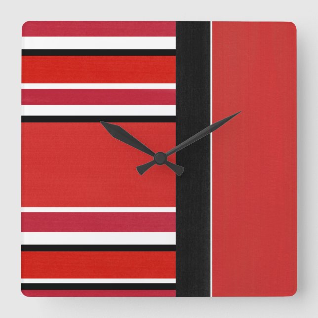 Red Black White Stripes Block Quadratische Wanduhr (Vorderseite)