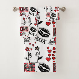 Red Black White Valentine Motif Badhandtuch Set